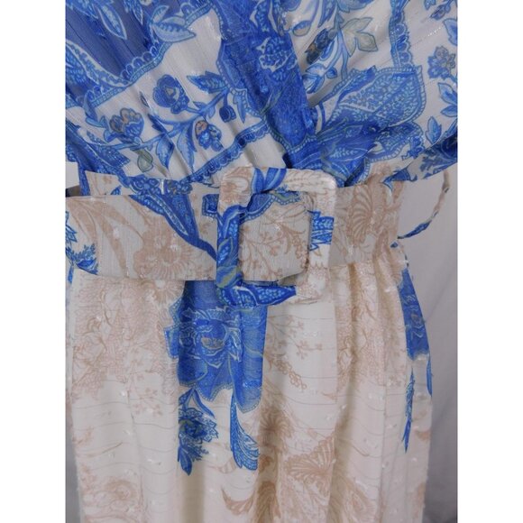 Flare Maxi Dress Womens Blue White Floral Belted Wrap V-Neck Made in Italy - Picture 4 of 12